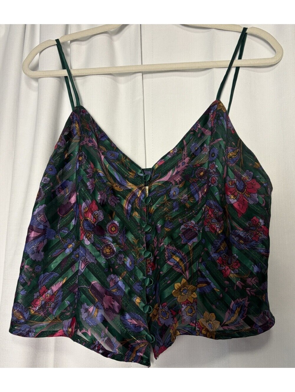 Vintage Victoria’s Secret Gold Label Green Floral Satin Button Lace Tank Size M
